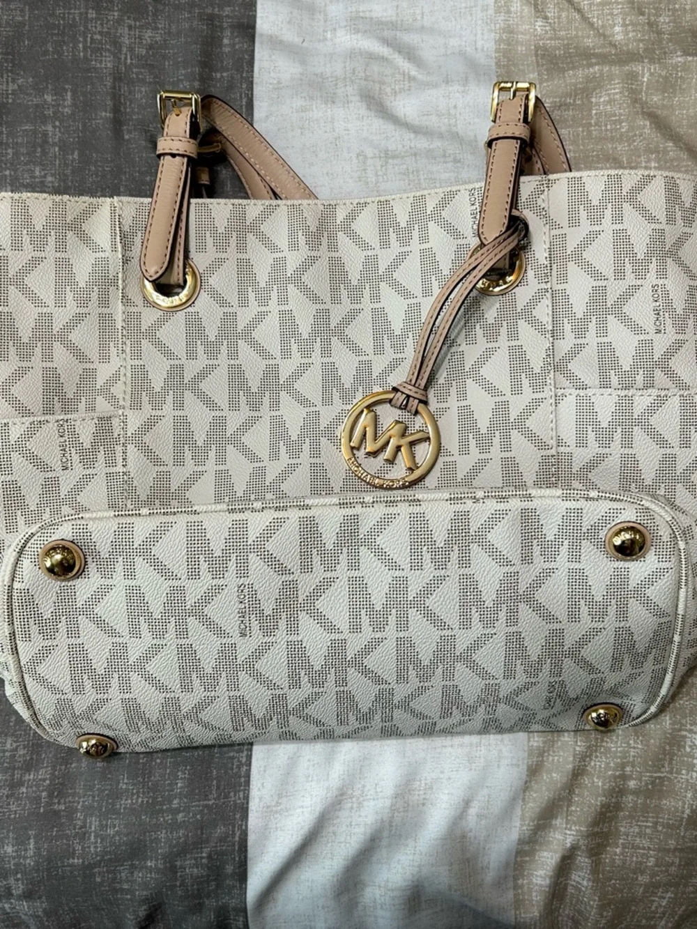 Michael Kors Cream and Beige MK Logo Canvas Tote - Picture 2 of 3